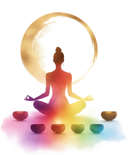 Serene image of a person meditating with singing bowls and a gong-like golden circle